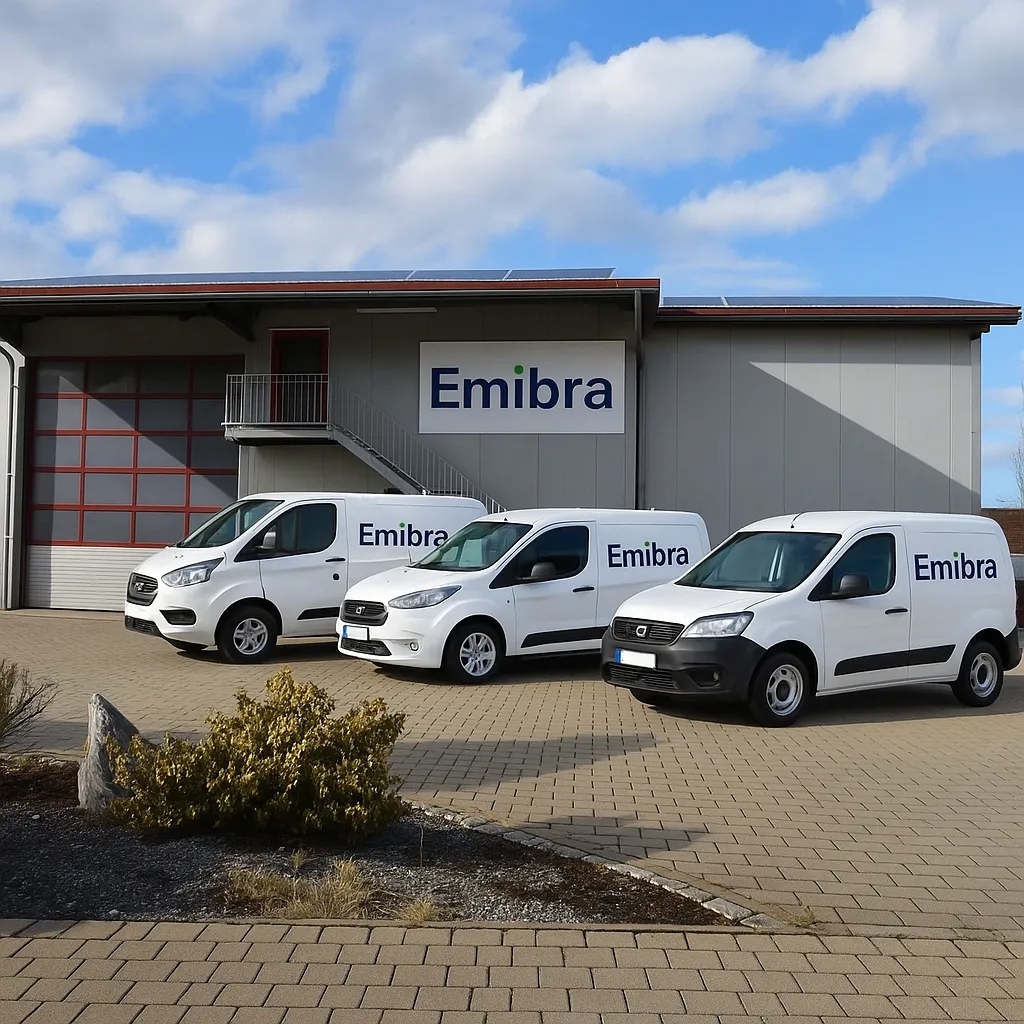 Firmensitz der Emibra Elektrotechnik GmbH in Mülheim mit Montagefahrzeugen