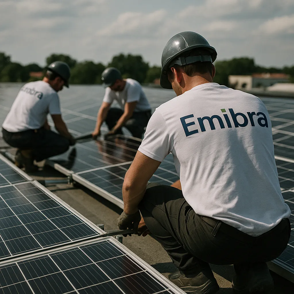 Emibra Montageteam installiert Photovoltaik-Module auf einem Flachdach